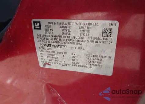 2015 Chevrolet Equinox 2Lt from USA, damaged, VIN 2GNFLGEK0F6136737